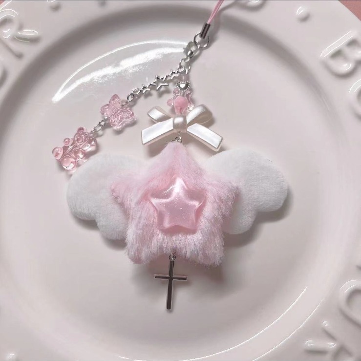 [Pink Plush Star] Small Wings Mobile Phone Chain Bear Cute Butterfly Goo Ben Chain Pendant Card Book Hand Book