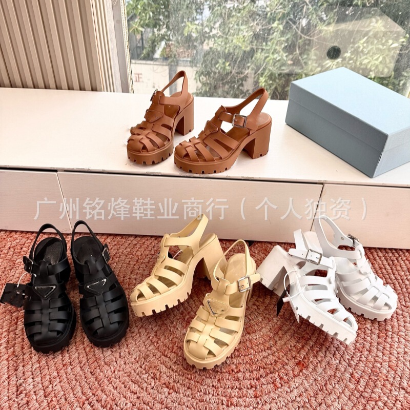 2026 Summer New Style Genuine Leather Woven Chunky High Heel Roman Sandals for Women, Closed-Toe Hollow-Out Versatile Casual Closed-Toe Sandals