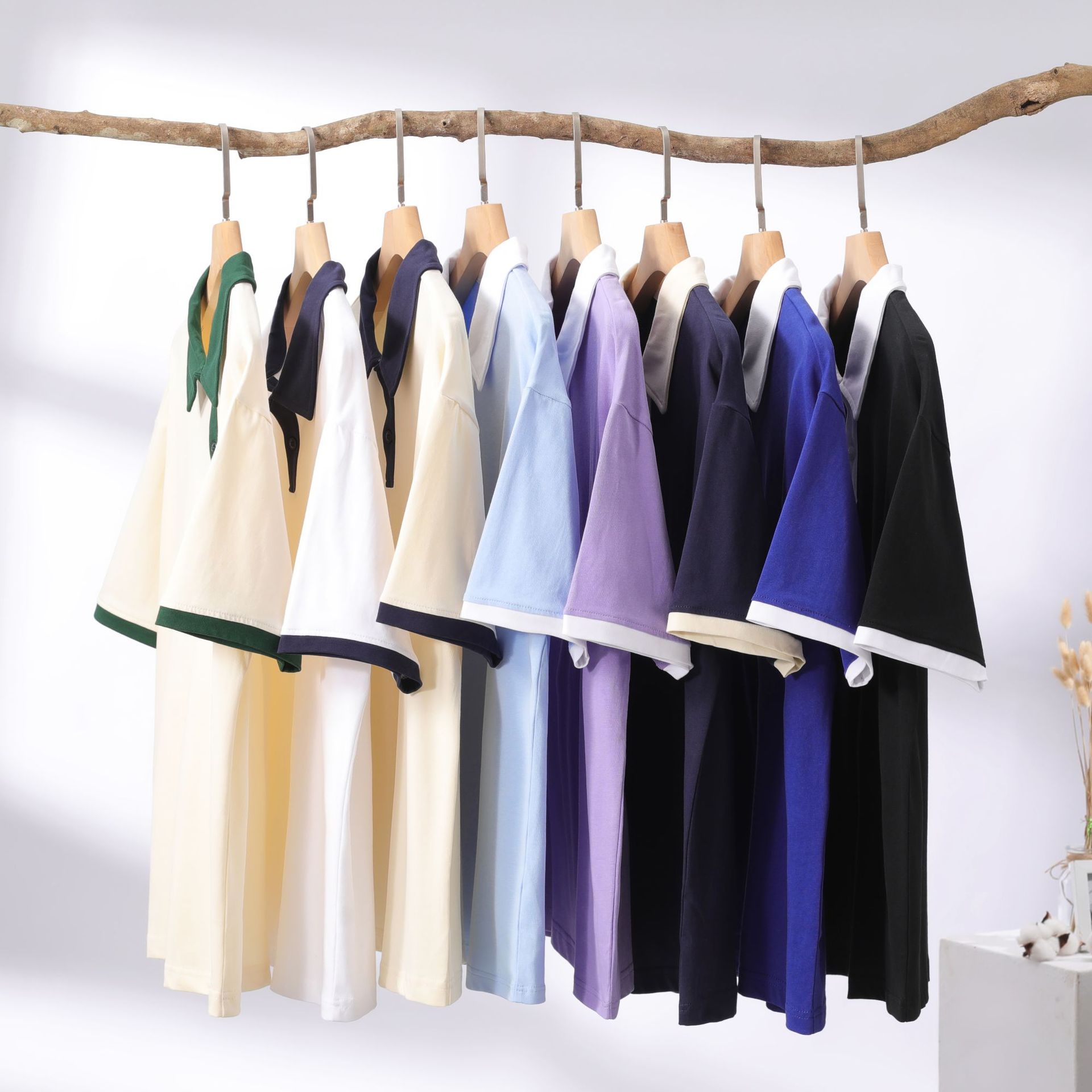 Tide brand retro 245g cotton double yarn lapel short sleeve T-shirt men's summer plain contrast polo Paul shirt wholesale