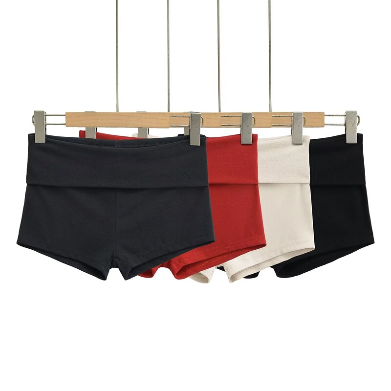 2025 Spring and Summer Hot Girls Folding Waist Shorts Women's Basic Elastic Slim-Fit Showing Leg Long Hip Outer Wearing Straight Hot Pants