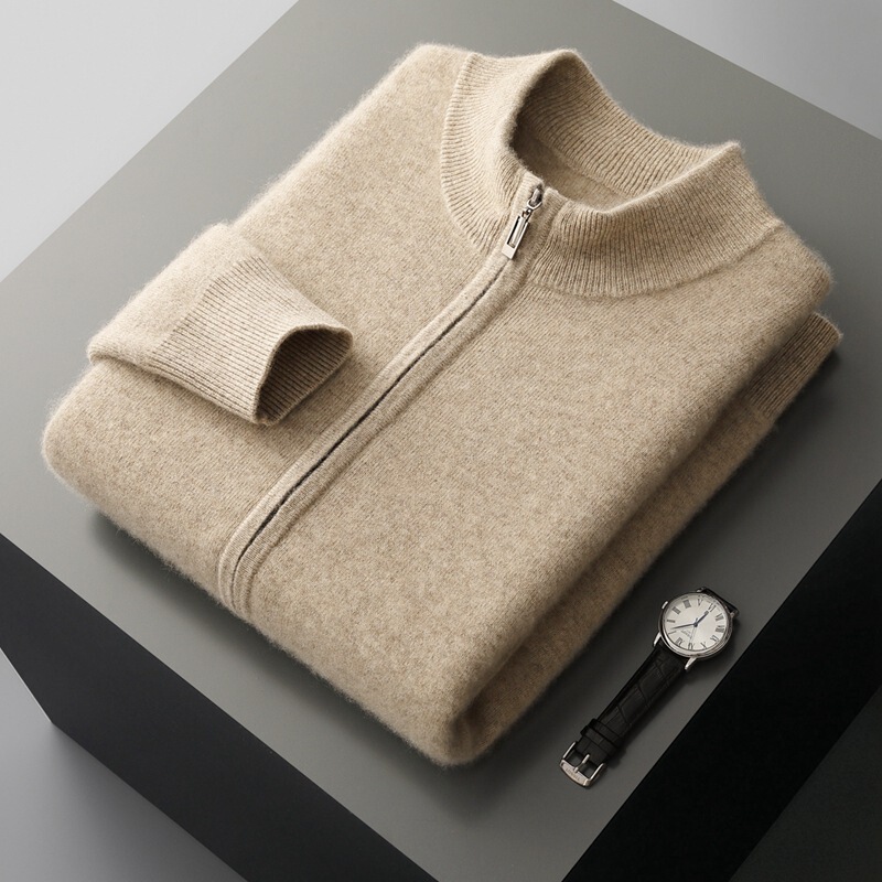 Cardigan Stand Collar Thickened Cashmere Pure Zipper Men's Jacket Solid Color Autumn and Winter Knitted New Casual Sweater Wool Cross-Border