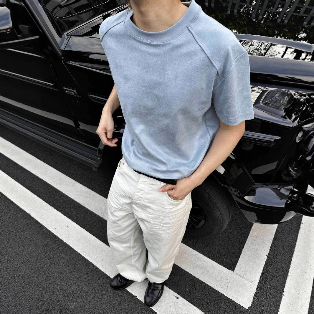 Vêtements pour hommes EME Style Old Money Solona Cool Couleur unie Coupe régulière aux épaules Manches déconstruites T-shirt court Boxy_voghion.com