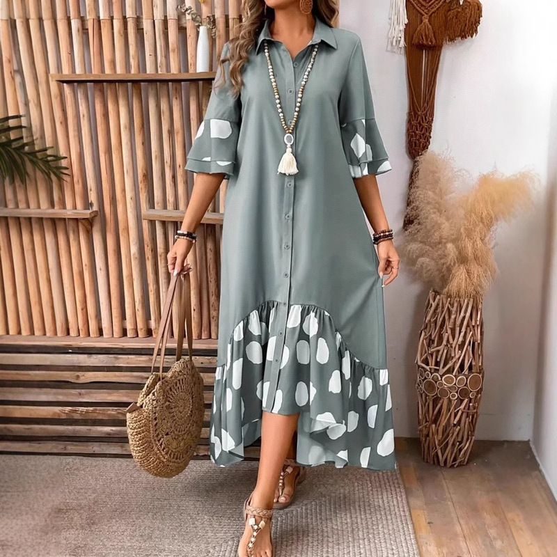 Bohemian High-Quality Dress Bohemian Long Simple Polka Dot Shirt Dress Women's Summer