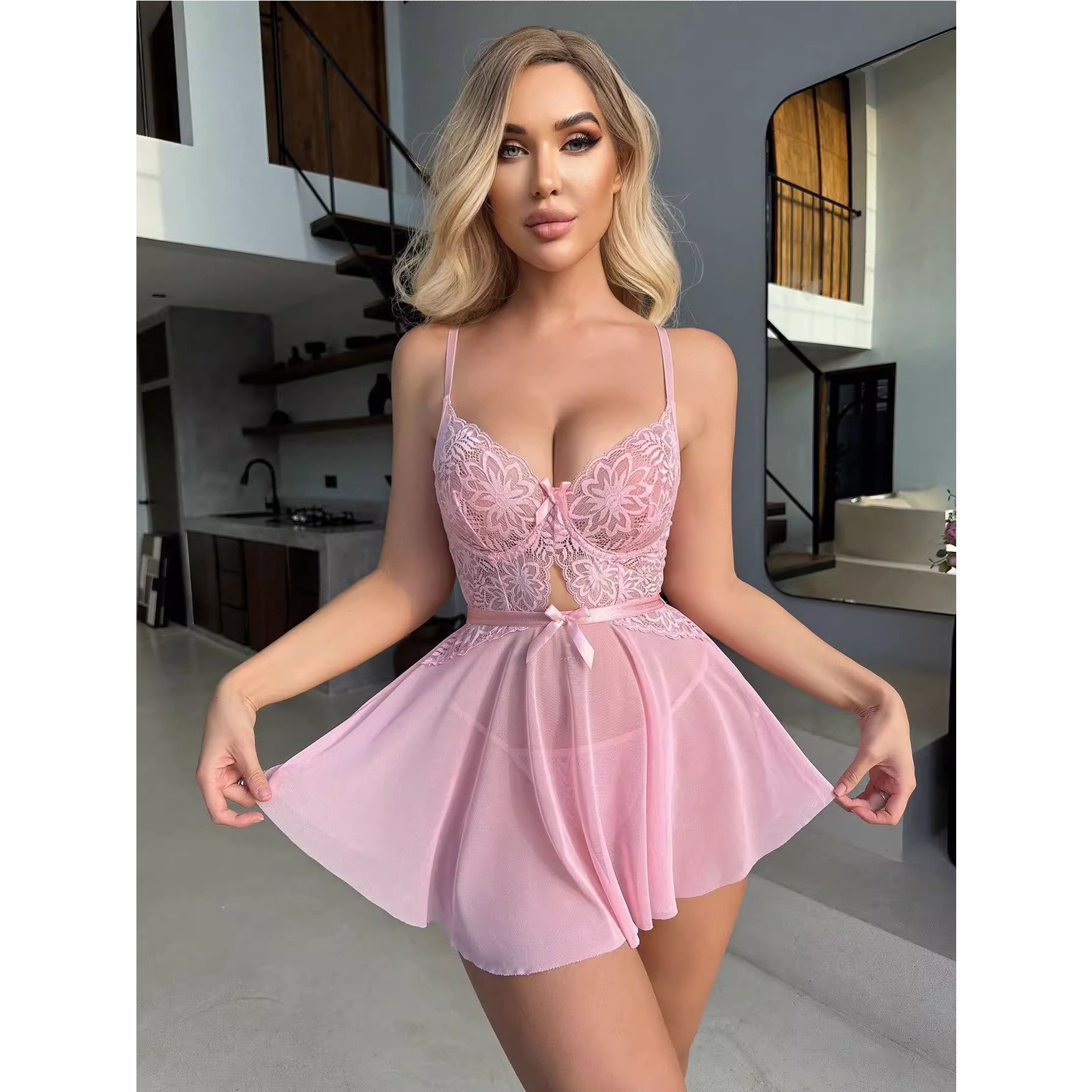 Aliexpress European and American See-Through Sexy Underwear Cross-Border Foreign Trade Mesh Lace Temptation Pajamas Home Suit Women's Ready Stock