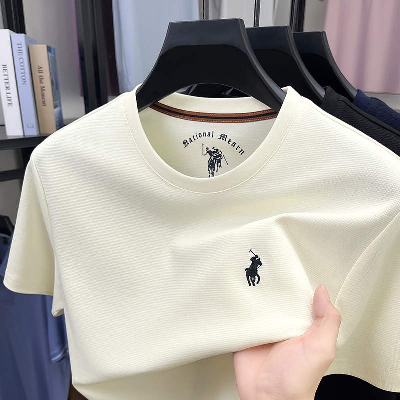 High-End Cotton Summer New Short-Sleeved Men's T-Shirt Fashionable and Versatile Loose Elastic Embroider High-End Men's T-Shirt