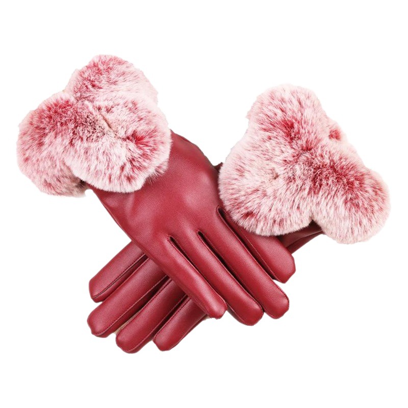 Pantalla táctil de invierno guantes calientes piel de conejo boca PU cuero guantes de mujer al aire libre conducción a prueba de frío guantes de invierno