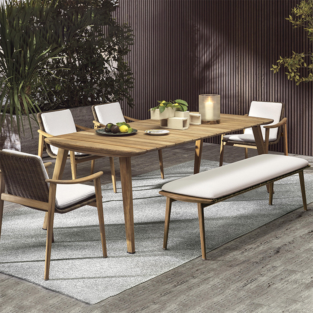 Diseñador al aire libre mesa y silla de teca Villa terraza ocio antiséptico madera mesa de comedor Silla de ratán patio al aire libre muebles de jardín