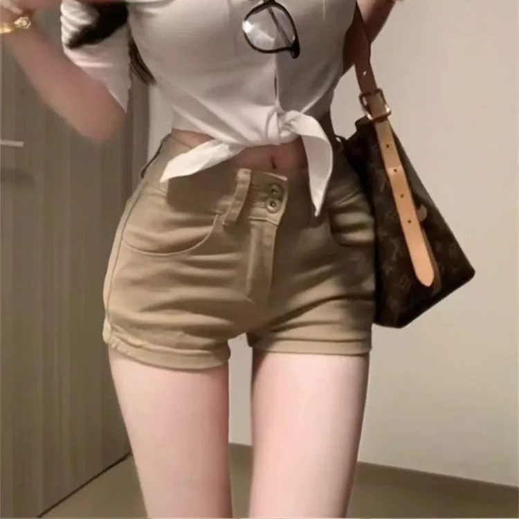 Khaki Mid-High Waist Slimming Denim Ultra-Short Shorts for Hot Girls, Summer Leg-Slimming Casual Straight-Leg Pants