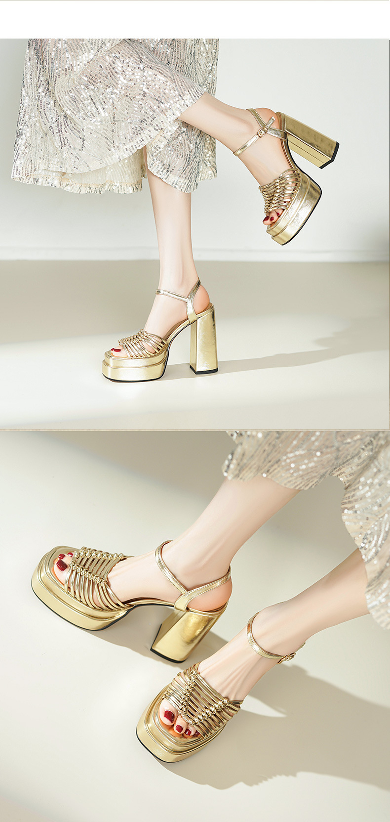 Sandal cao gót nữ hở mũi quai mảnh đan chữ một, gót 13 cm — màu vàng chi tiết 5