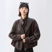 外贸原单春秋新款 女士朗Z金属丝面膜超柔软百搭立领皮衣夹克外套