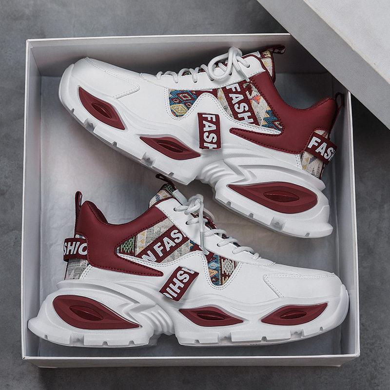 Giày sneaker nam cổ lửng đế dày tăng chiều cao, phối màu, dây buộc, cỡ lớn — Trắng kaki, Trắng xanh, Táo đỏ trắng