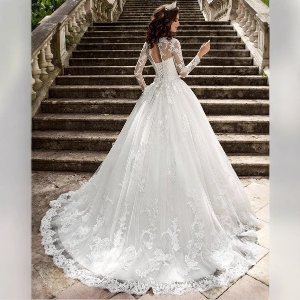 Vestido de novia europeo y americano, modelo 2026, nuevo, de Amazon, de manga larga, con encaje, adelgazante, elegante, sencillo, con cola, para mujer.