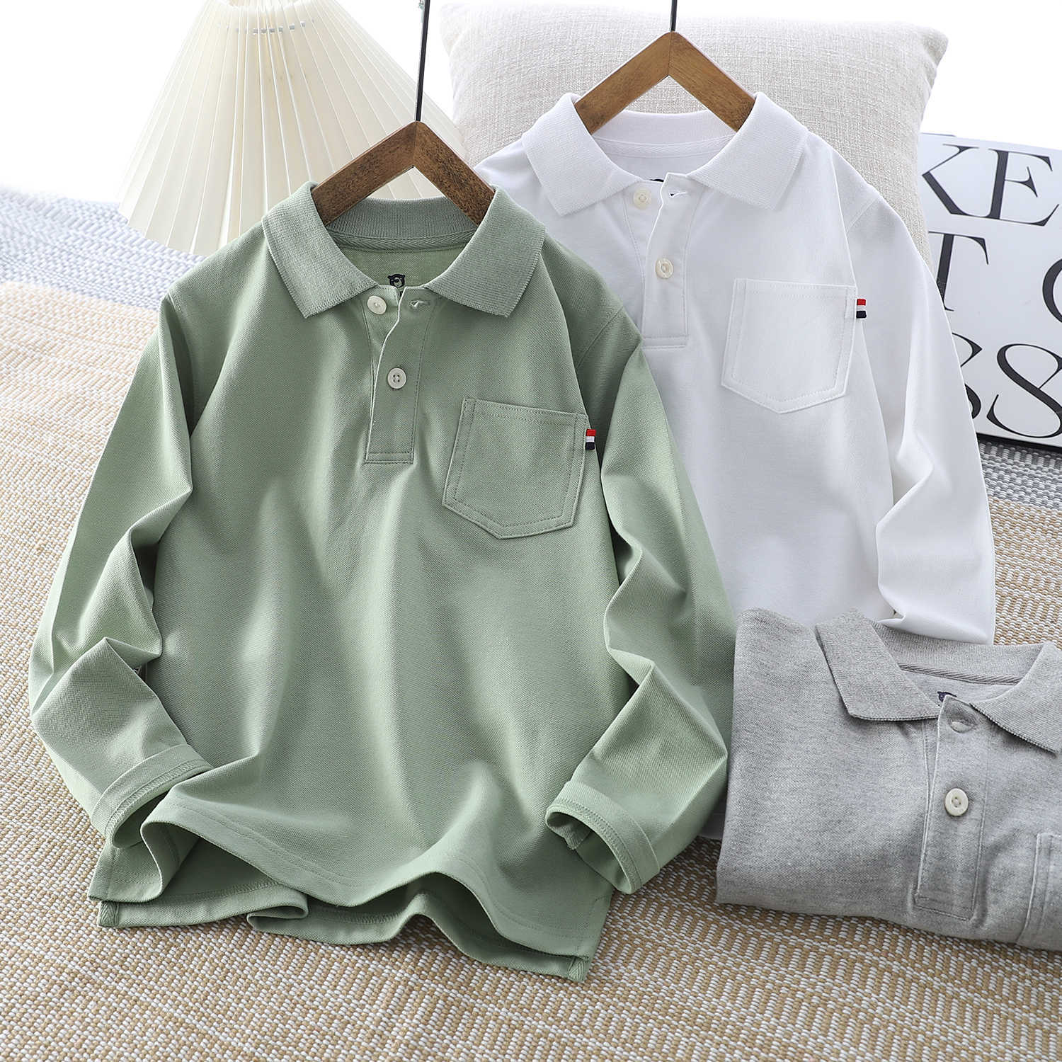 Children's polo shirt, long-sleeved, solid color, pocket T-shirt, casual, medium-sized, turn-down collar - 616