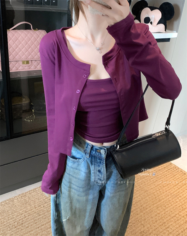 慵懒开衫外套女2025年秋季套装修身条纹吊带背心上衣两件套一整套|undefined