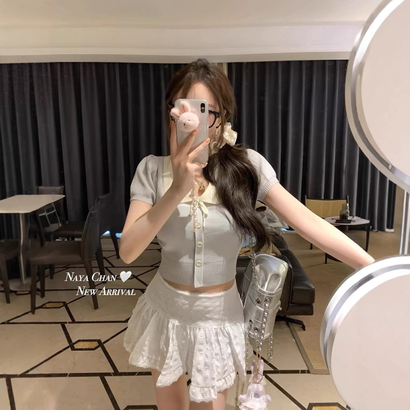日本製ドールカラー半袖Tシャツ夏ショートセーターレースアップリボン年齢軽減スリムフィットトップ|undefined