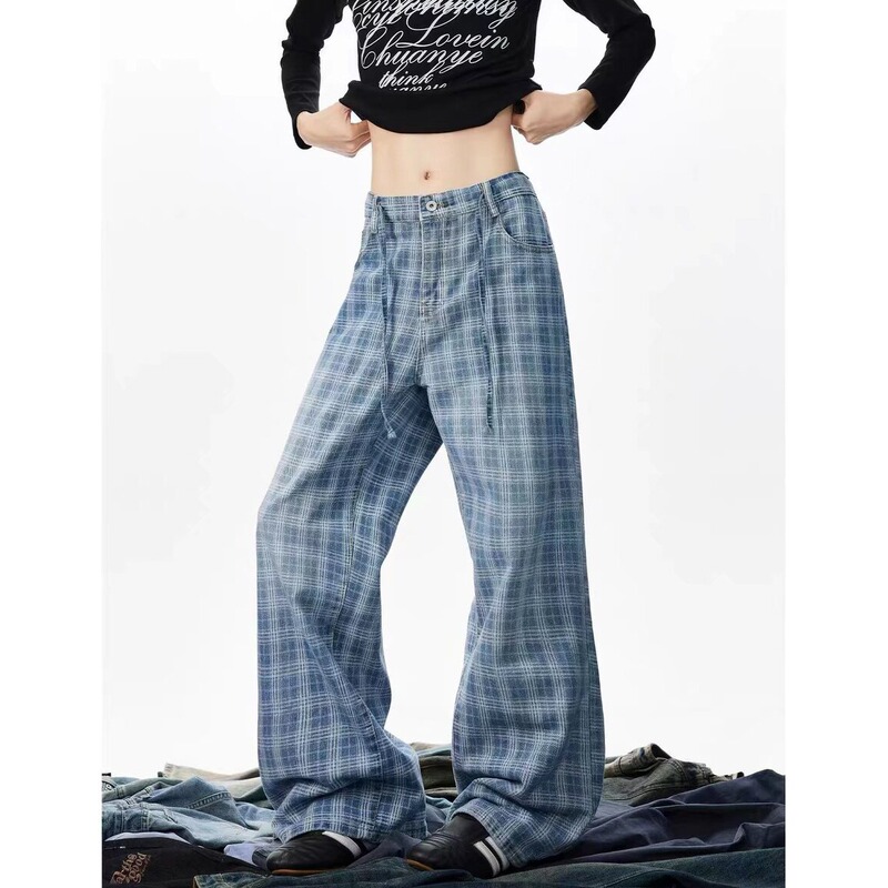 Blue Drawstring Plaid Jeans for Men, Trendy American High Street Style, High-Waisted Straight-Leg Flared Pants