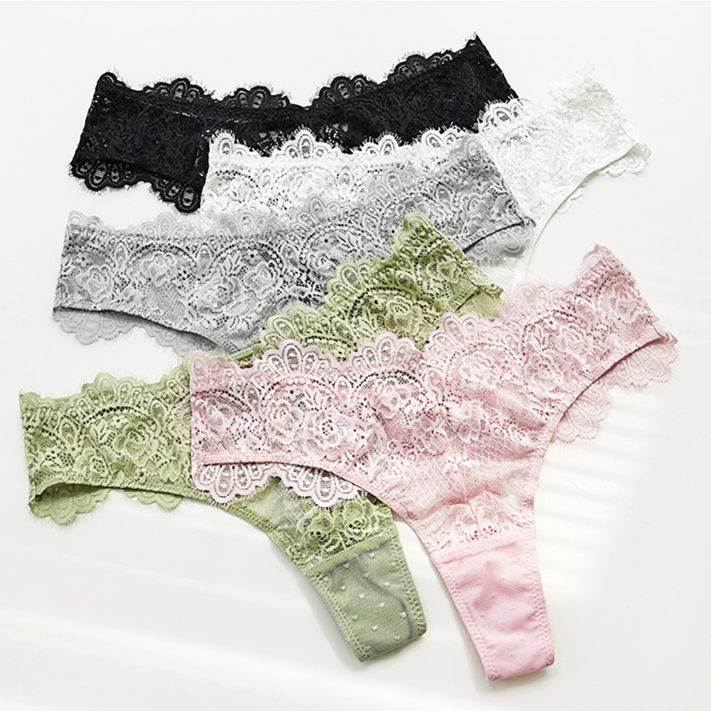 European and American Sexy Lace Thong Low Waist Perspective Sexy Narrow Side T Pants Lace Base Thong No Trace