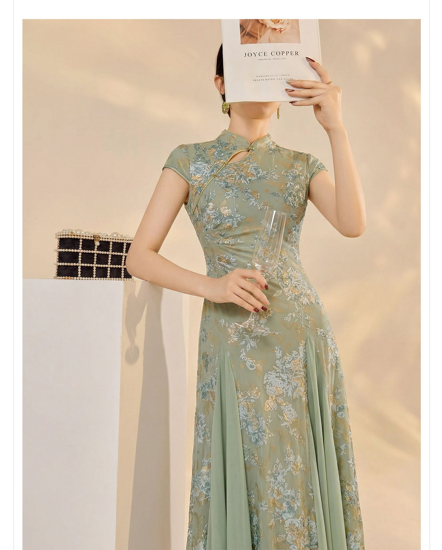 Váy sườn xám cổ đứng họa tiết jacquard chạm rỗng phong cách Tân Trung Hoa mùa hè — Xanh lá cây nhạtcolor chi tiết 6
