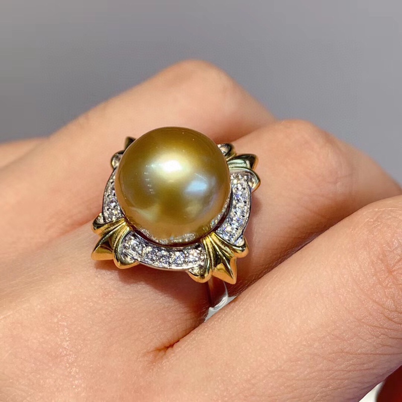 Natural rare primary color Nanyang sea water gold bead ring 14-13MM round flawless strong tea gold s925