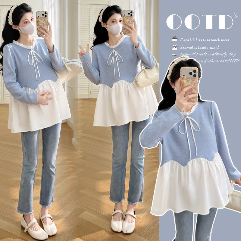 Real Shot of the 2026 Spring New Style Maternity Top with Sweet Patchwork Design, Youthful and Loose-Fitting Doll Shirt Real Shot of the 2026 Spring New Style Maternity Top with Sweet Patchwork Design, Youthful and Loose-Fitting Doll Shirt