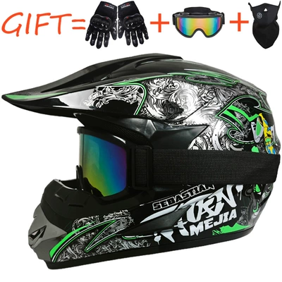 Motosiklet kaskı (dəbilqə) — Helmets, Youth Mountain Bike Downhill - black-and-green-motorcycle-goggles-gloves-and-mask-s