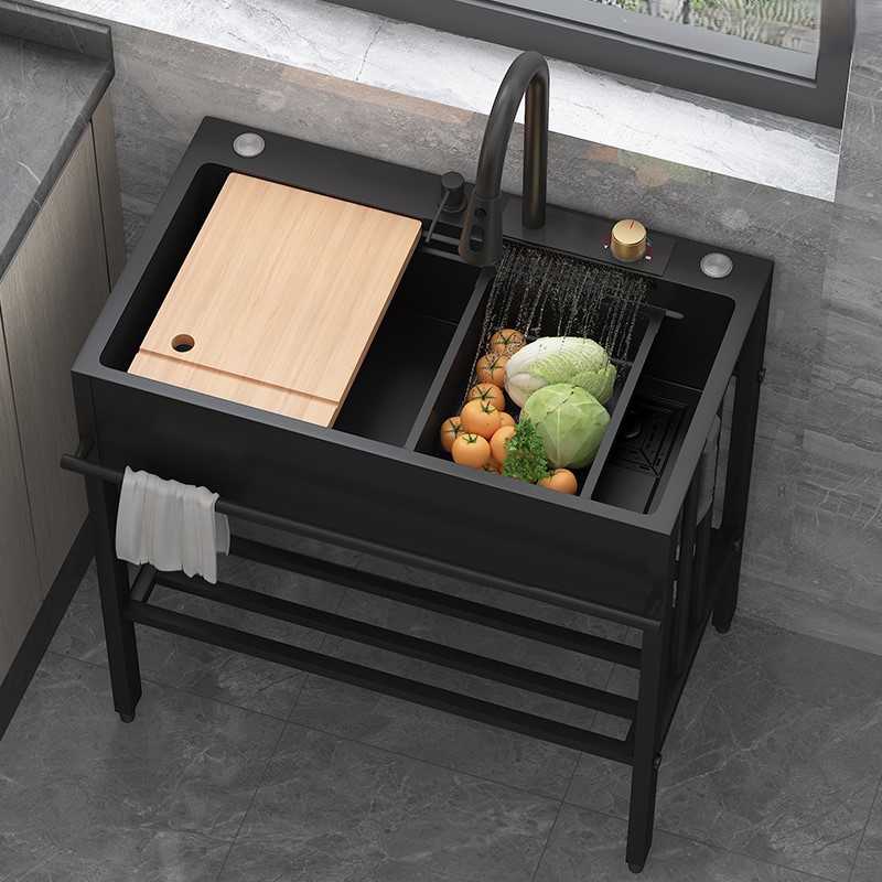 Cocina doméstica lavabo de acero inoxidable lavabo de verduras balcón lavabo de un solo canal lavabo de piso integrado con soporte