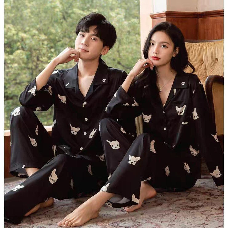 Spring and Autumn Korean Style Couple's Ice Silk Thin Pajamas Long-Sleeve Long-Pants Set Cartoon Girl Silk Loungewear for Outerwear