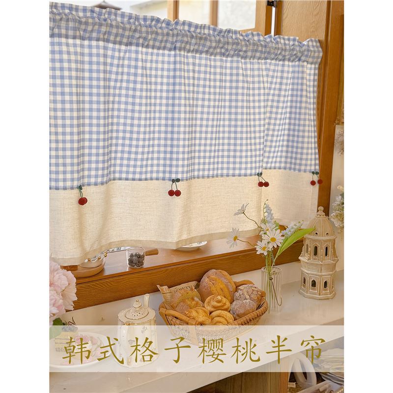 American-Style Pastoral Light Blue Plaid Half Curtain, Short Curtain, Cherry Blossom Bay Window Half Curtain, Artistic Fresh Partition Curtain, Door Curtain American-Style Pastoral Light Blue Plaid Half Curtain, Short Curtain, Cherry Blossom Bay Window Half Curtain, Artistic Fresh Partition Curtain, Door Curtain