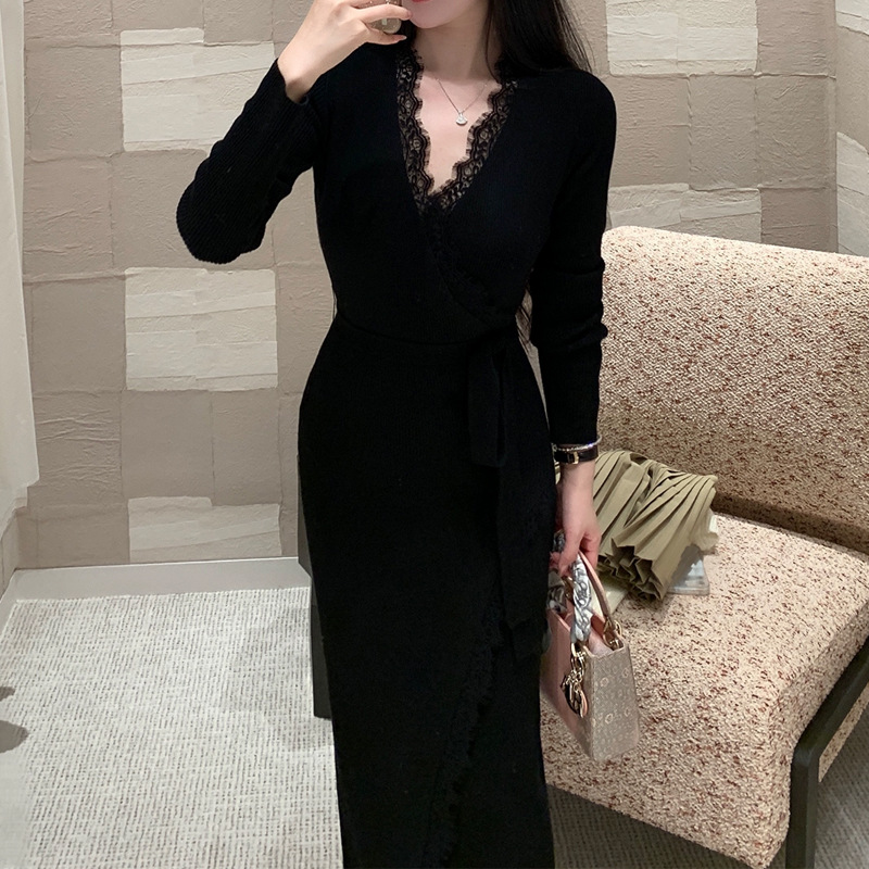 (2개) 히비스커스 원 이슈 올 매치 원피스 프랑스 우아한 레이스 레이스 울 블렌드 니트 원피스 여자 빈티지 틈새