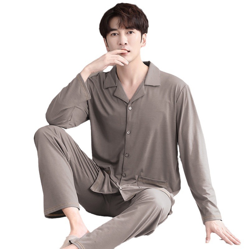 (2개) 야마 잠옷 봄과 가을 중년 및 노인 아빠 잠옷 가디건 라펠 남성 노인 느슨한 단색 가정복