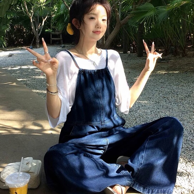 Women's Denim Overalls 2026 Summer Thin Strap Design Loose Wide-Leg Pants Retro Straight-Leg Trendy Jumpsuit