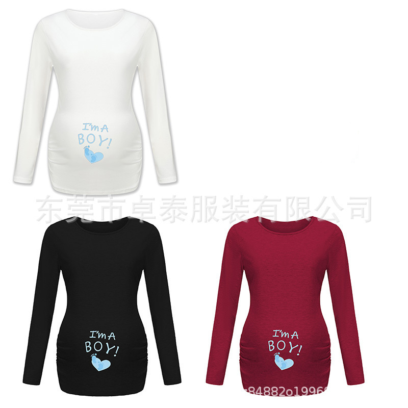 Female pregnant women casual "I'm A BOY" cute foot pattern long sleeve slim T-shirt jacket multi-color optional
