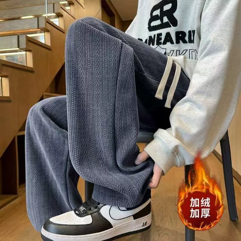 男秋冬直筒裤麦穗纹加绒休闲裤青少年运动宽松卫裤贝贝绒百搭长裤