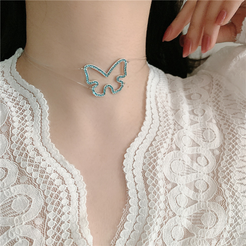 Invisible Fishing Line Full Diamond Butterfly Necklace display picture 7