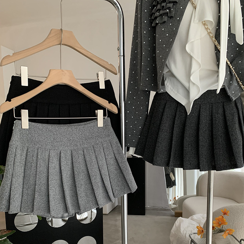 欧玛莱 加厚毛呢A字百褶裙女2025秋冬韩版百搭防走光纯色短裙4948