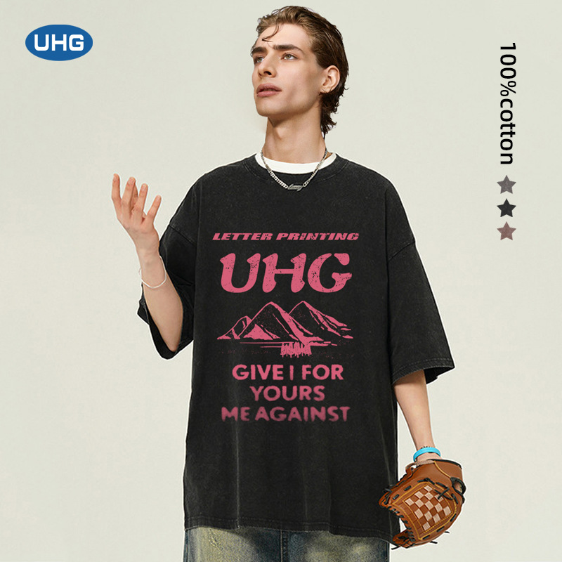 Amazon Cross-border Exclusive 230g Heavyweight Washed American Vintage Versatile Snowflake Letter Print Short-sleeve T-shirt for Men