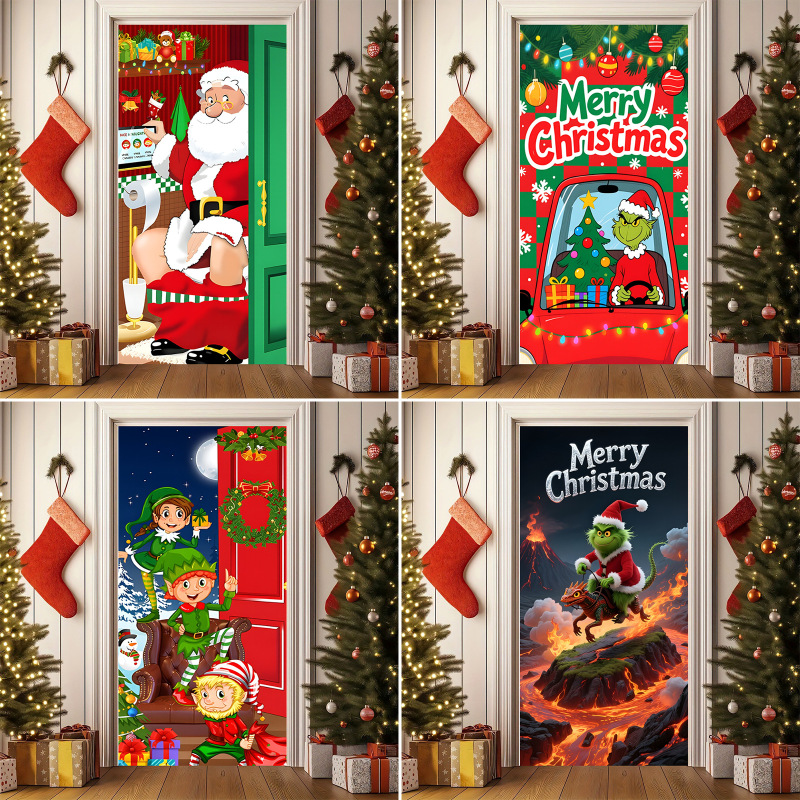 Cross-border Christmas door cover, Santa Claus-themed door hanging, festive party cartoon decorations, custom-made door curtains