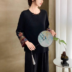 2025秋季新款翻领套头盘扣拼接宽松版民族风刺绣长袖新中式打底衫