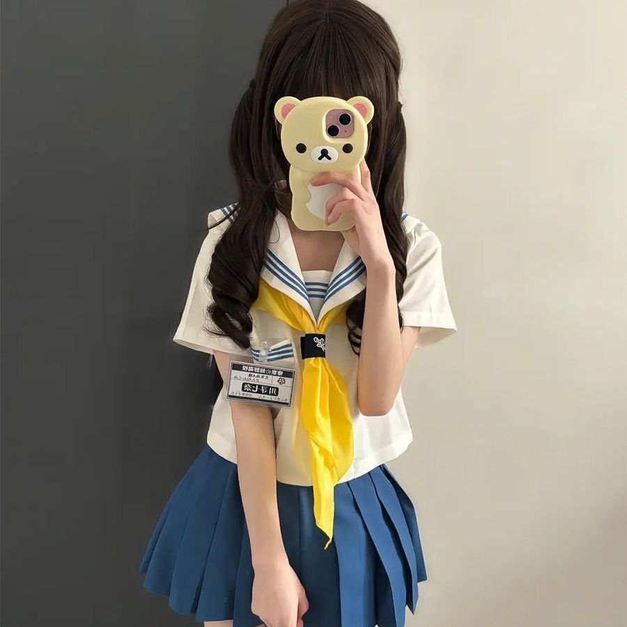 原创中间服夏校供感蓝三本JK水手服女海军领短袖上衣蓝色短裙套装