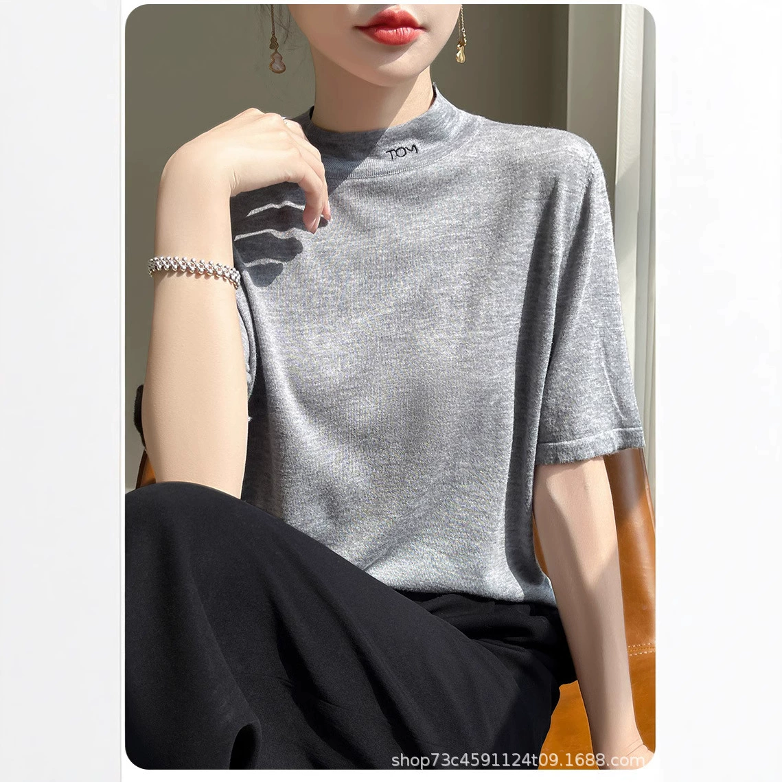 Смешанная футболка с половиной рукава женская весна и лето тонкий свободный вязаный свитер с вышивкой полувысокого воротника