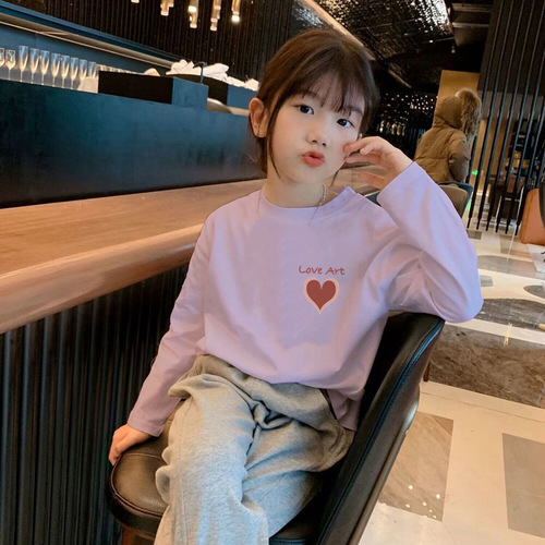 H2333 100% Pure Cotton Children's Long-Sleeve Base Shirt Spring and Autumn Casual T-Shirt for Girls Baby White Top T-Shirt with Round Neck
