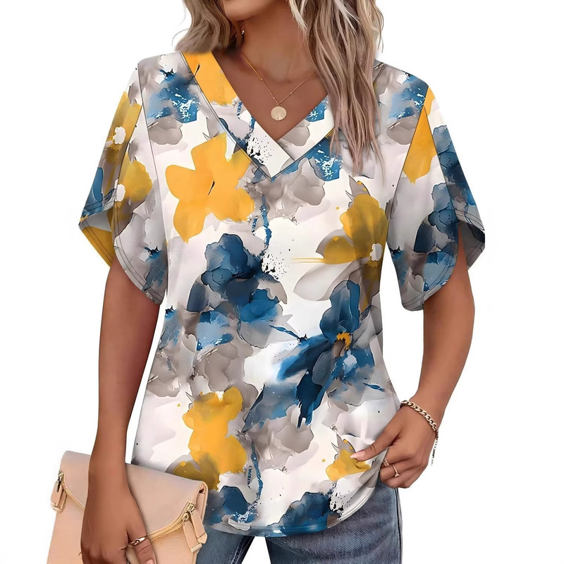 2026 Spring New European and American Cross-Border Women's Clothing V-Neck Printed Short-Sleeved T-Shirt Loose Fashion Casual Top