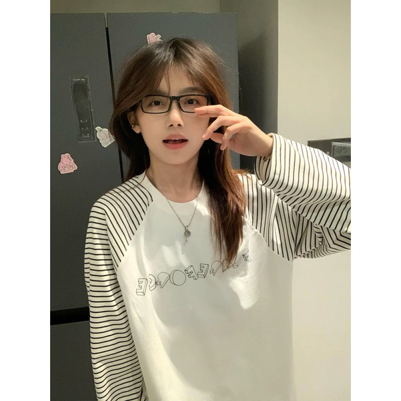美式复古插肩长袖t恤女早秋穿搭拼接条纹打底衫宽松学院风上衣潮|undefined