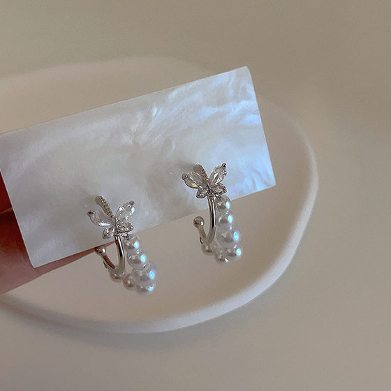 Super Fairy Zircon Butterfly Pearl Earrings Female Korean Niche Vintage Personalized Simple All-match Elegant Earrings Earrings