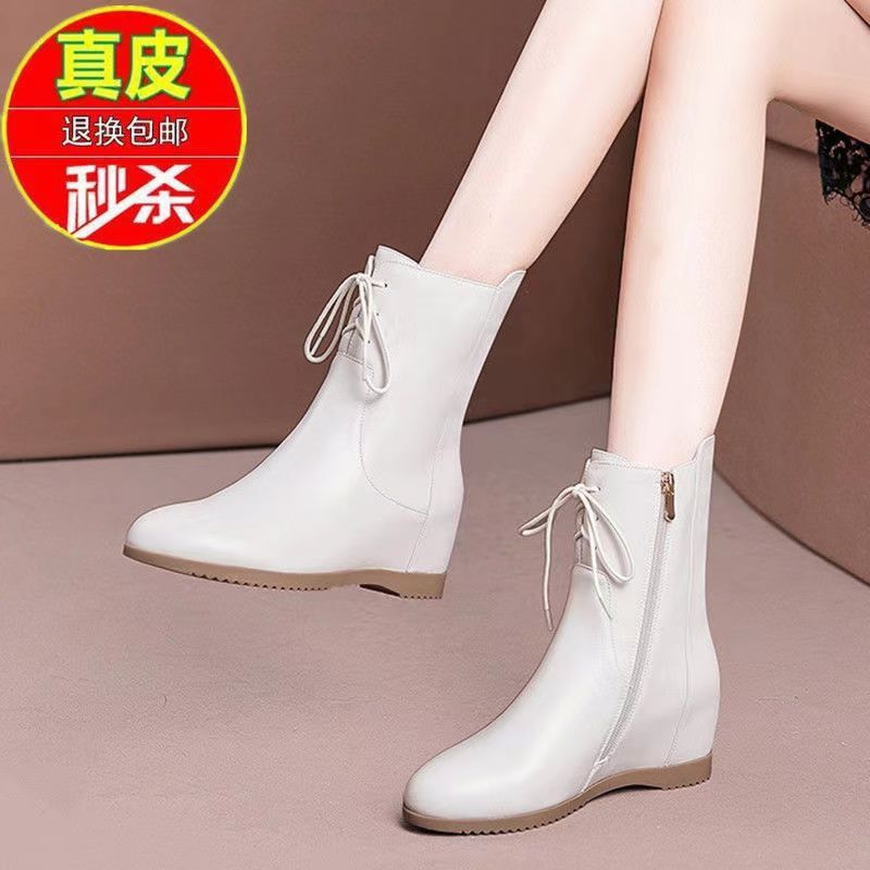 웨지 앵클 부츠 여성용 가을과 겨울 새로운 모든 매치 내부 높이 증가 라운드 토 마틴 부츠 어머니 가죽 부츠