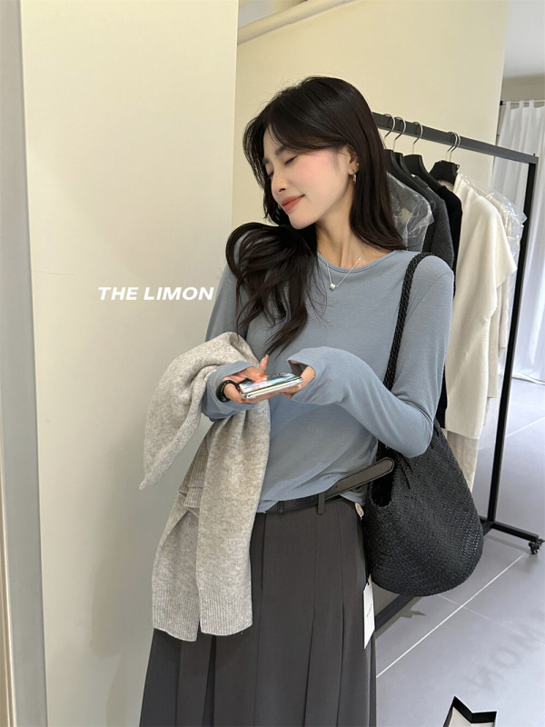 the limon柠檬绿茶2025秋季韩系简约百搭显瘦修身圆领长袖T恤女|undefined