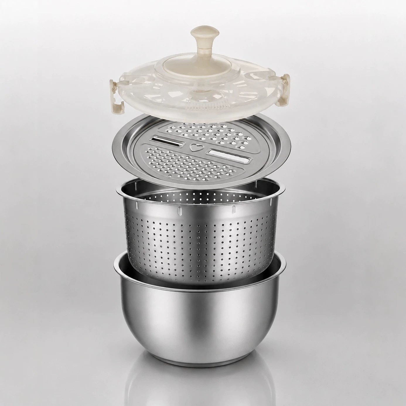 Cross-border bestseller: 304 stainless steel vegetable salad dehydrator with grating and slicing tray, manual rotating draining basket