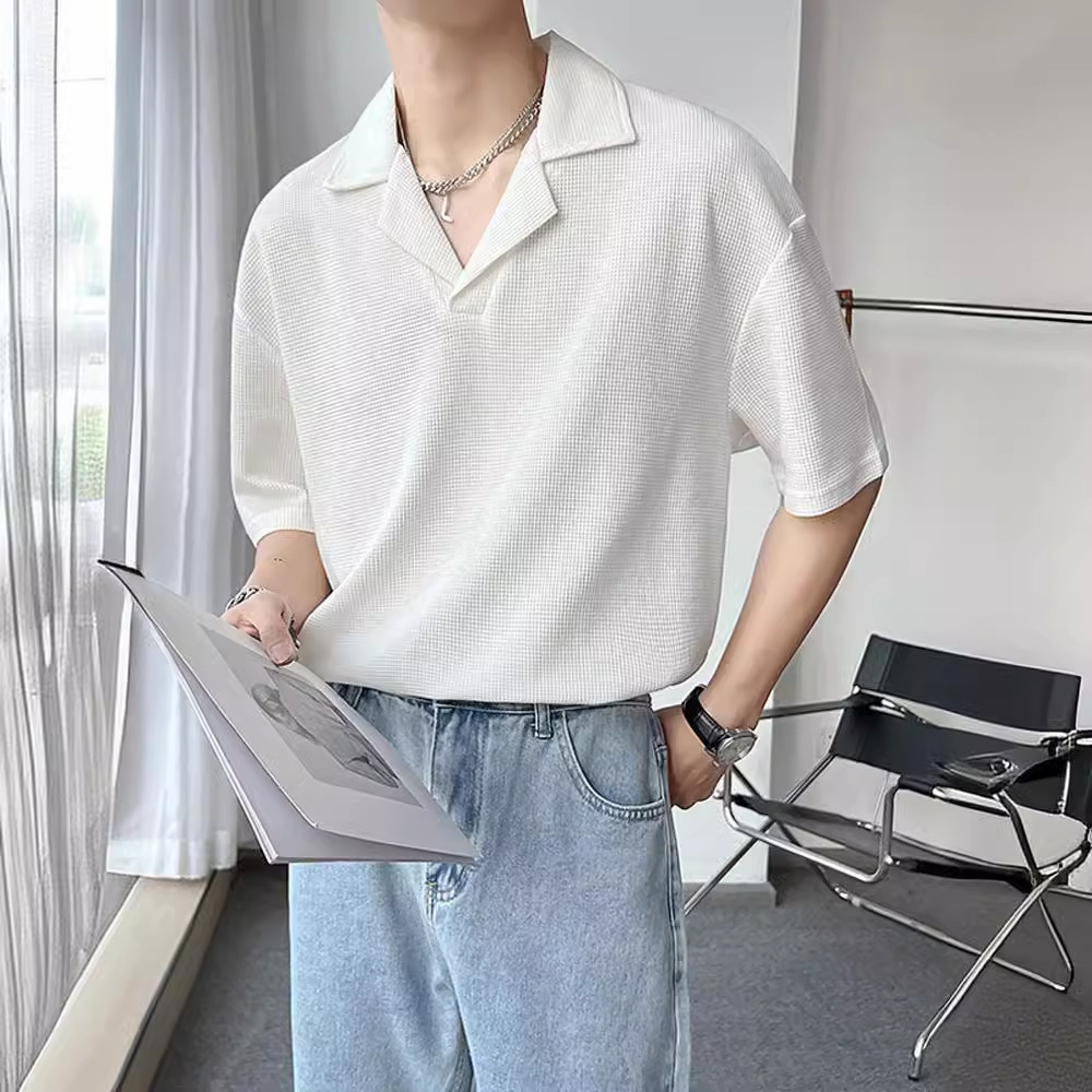 boy Light Mature Cuban Collar Shirt Short Sleeve Trendy Brand Niche Design Men's Fashion 2022 New Hairstylist Inner Wear Top_viptrois.com