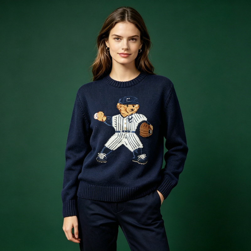 Rl Little Pony Autumn/Winter New Bear Embroidery Baseball Style Knitted Sweater for Women, Round Neck Heavy Jacquard Wool Pullover Rl Little Pony Autumn/Winter New Bear Embroidery Baseball Style Knitted Sweater for Women, Round Neck Heavy Jacquard Wool Pullover