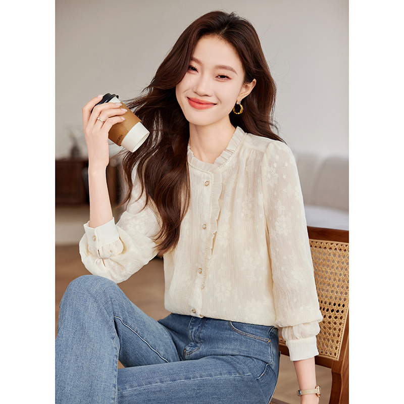 Long-Sleeved Ruffled Beaded Stand-Up Collar Elegant Blouse for Women, Cross-Border 2026 New Fashion Lace Blouse, Long-Sleeved Trendy Top